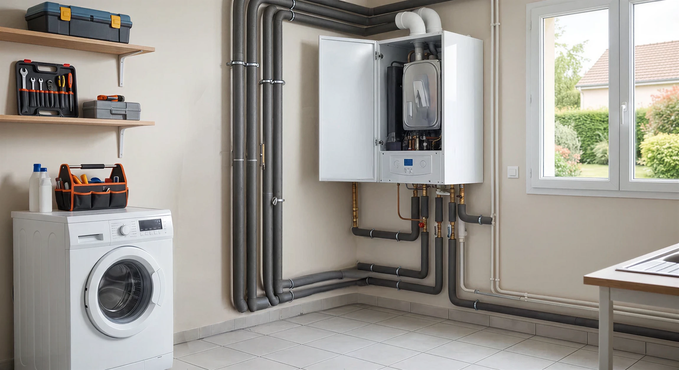 Intérieur moderne avec chaudière murale condensation gaz installée sur mur turquoise