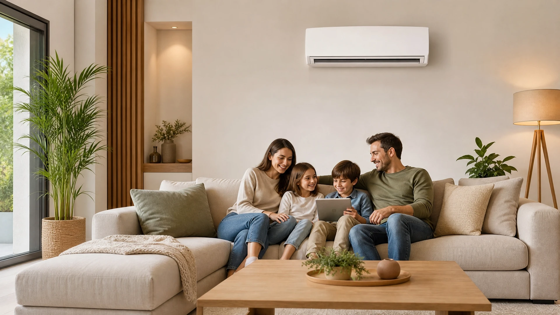 Plombier en uniforme bleu installant un radiateur à ailettes blanc sur mur en béton cellulaire